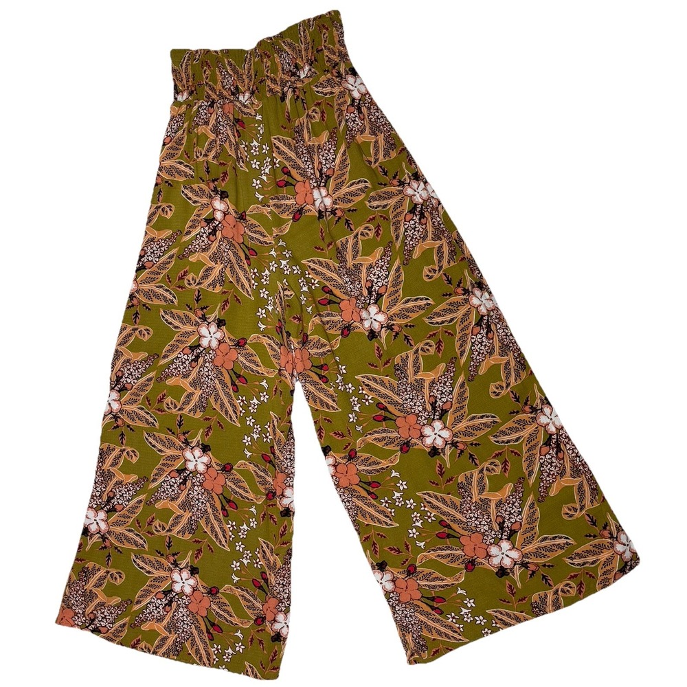 Women's Wide Leg Palazzo Flowy Pants Boho Size L Olive Green Floral Tropical - Picture 3 of 14